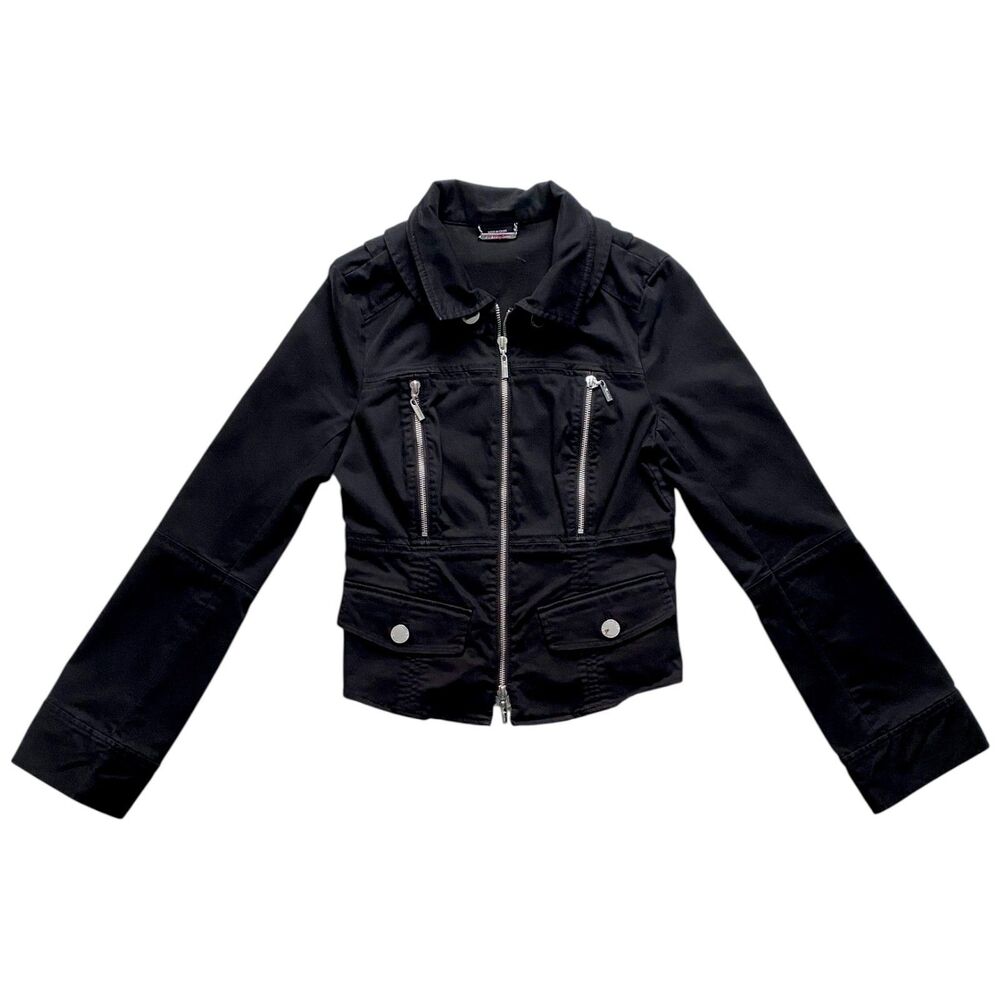 Womens Guess by Marciano Biker Jacket Full Zip Cropped Black Silver Size Small - Picture 2 of 6
